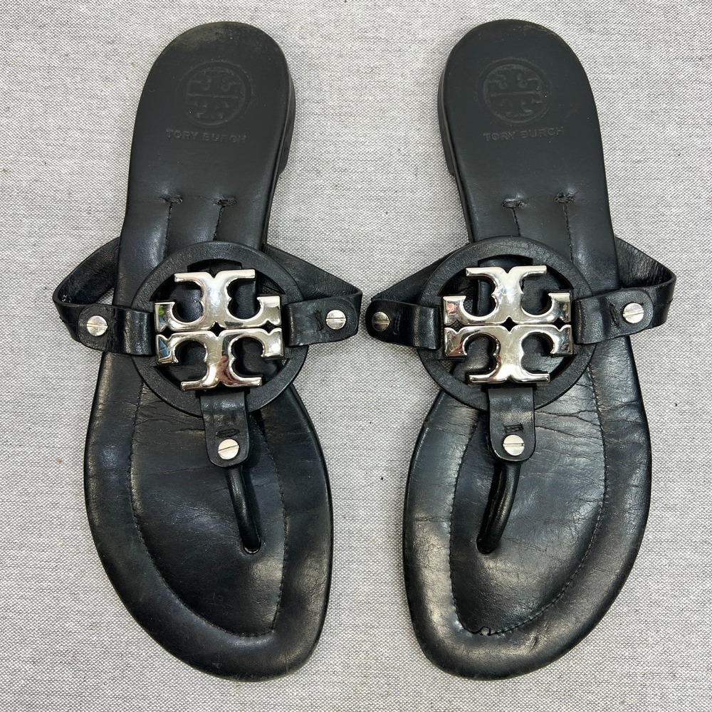 Tory Burch Black Leather Miller Logo Thong Sandals with Silver Logo